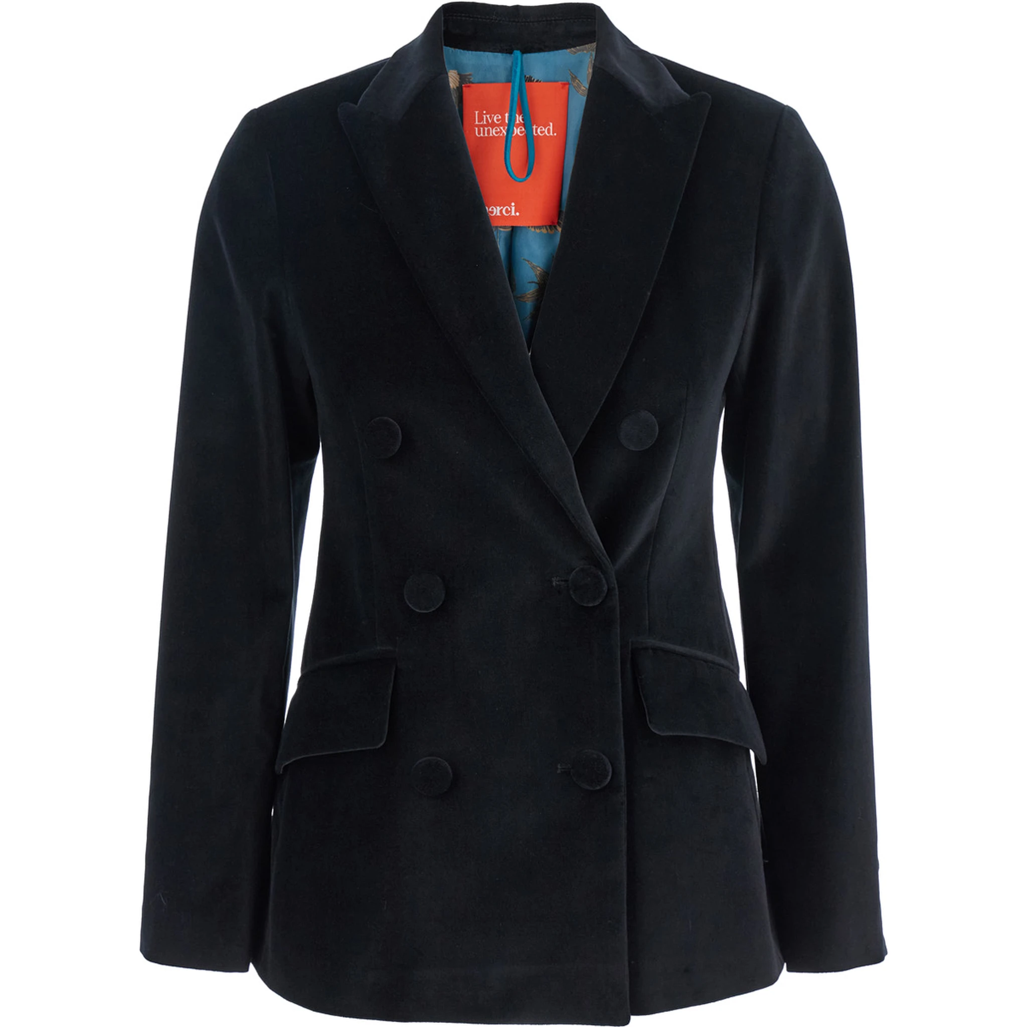 Black Double-Breasted Jacket with Peak Revers in Velvet Woman