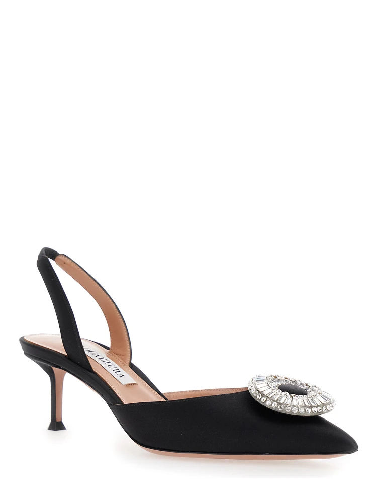 Crystal Hoop Black Slingback Pumps with Rhinestoned Embellishment and Kitten Heel in Tech Fabric Woman alternative