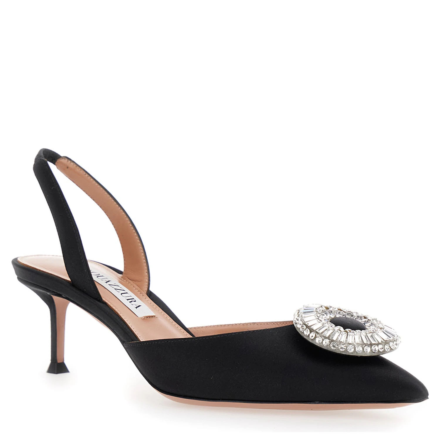 Crystal Hoop Black Slingback Pumps with Rhinestoned Embellishment and Kitten Heel in Tech Fabric Woman