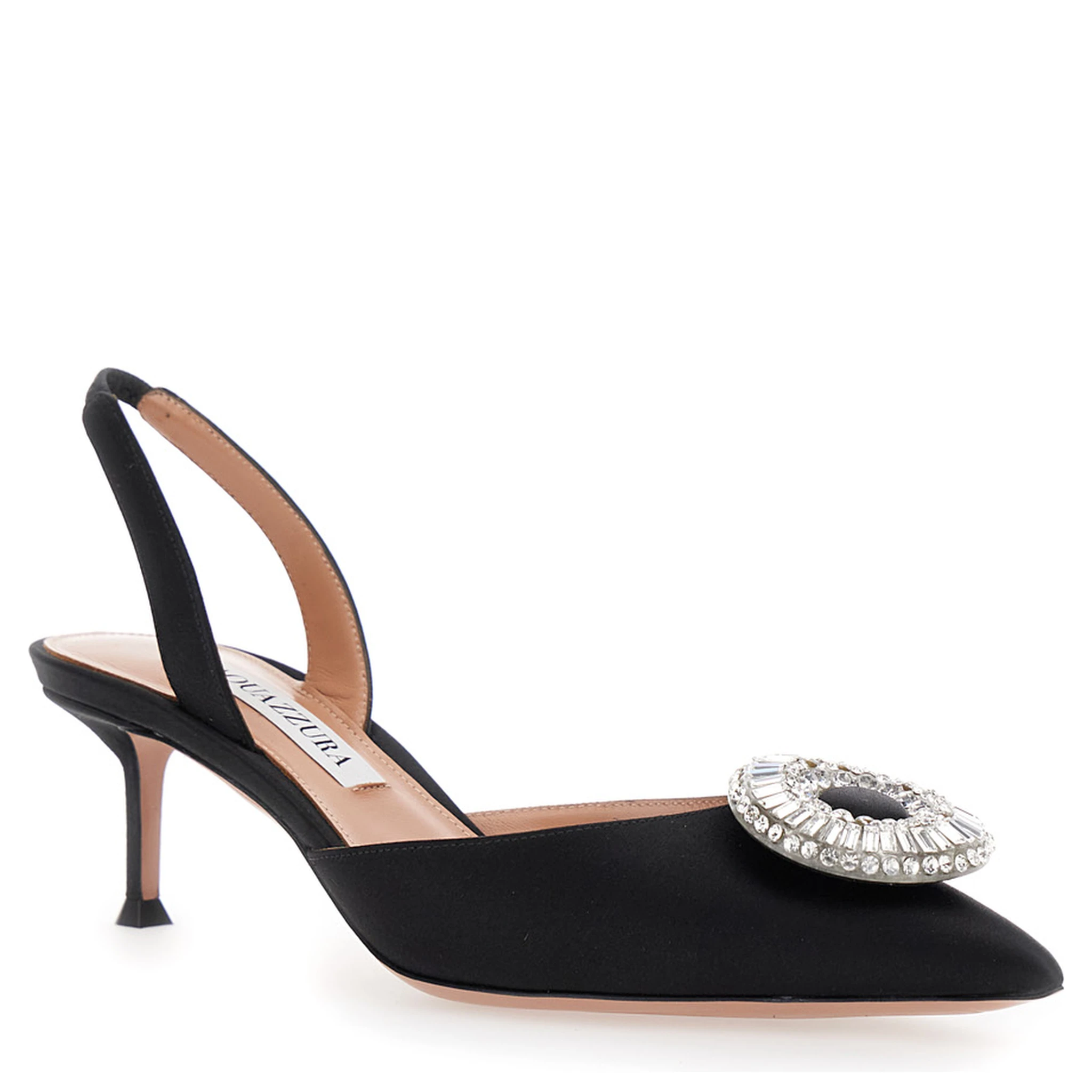 Crystal Hoop Black Slingback Pumps with Rhinestoned Embellishment and Kitten Heel in Tech Fabric Woman