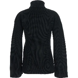 Black High Neck Jumper with Ribbed Design in Wool Woman
