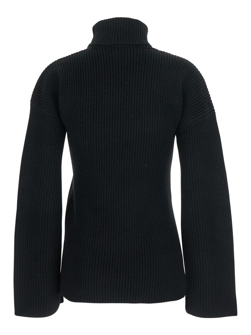 Black High Neck Jumper with Ribbed Design in Wool Woman