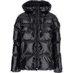 Eleodoro Black Down Jacket with Drawstring Hood and Love Birds Diamond Cut Patch on the Fornt in Tech Fabric Woman