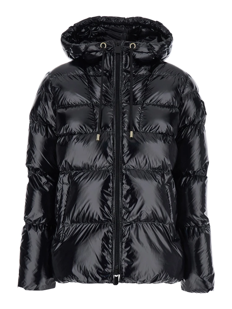 Eleodoro Black Down Jacket with Drawstring Hood and Love Birds Diamond Cut Patch on the Fornt in Tech Fabric Woman