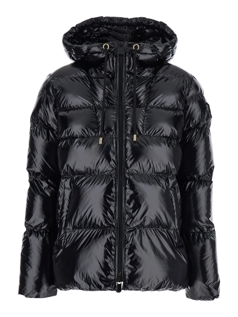 Eleodoro Black Down Jacket with Drawstring Hood and Love Birds Diamond Cut Patch on the Fornt in Tech Fabric Woman