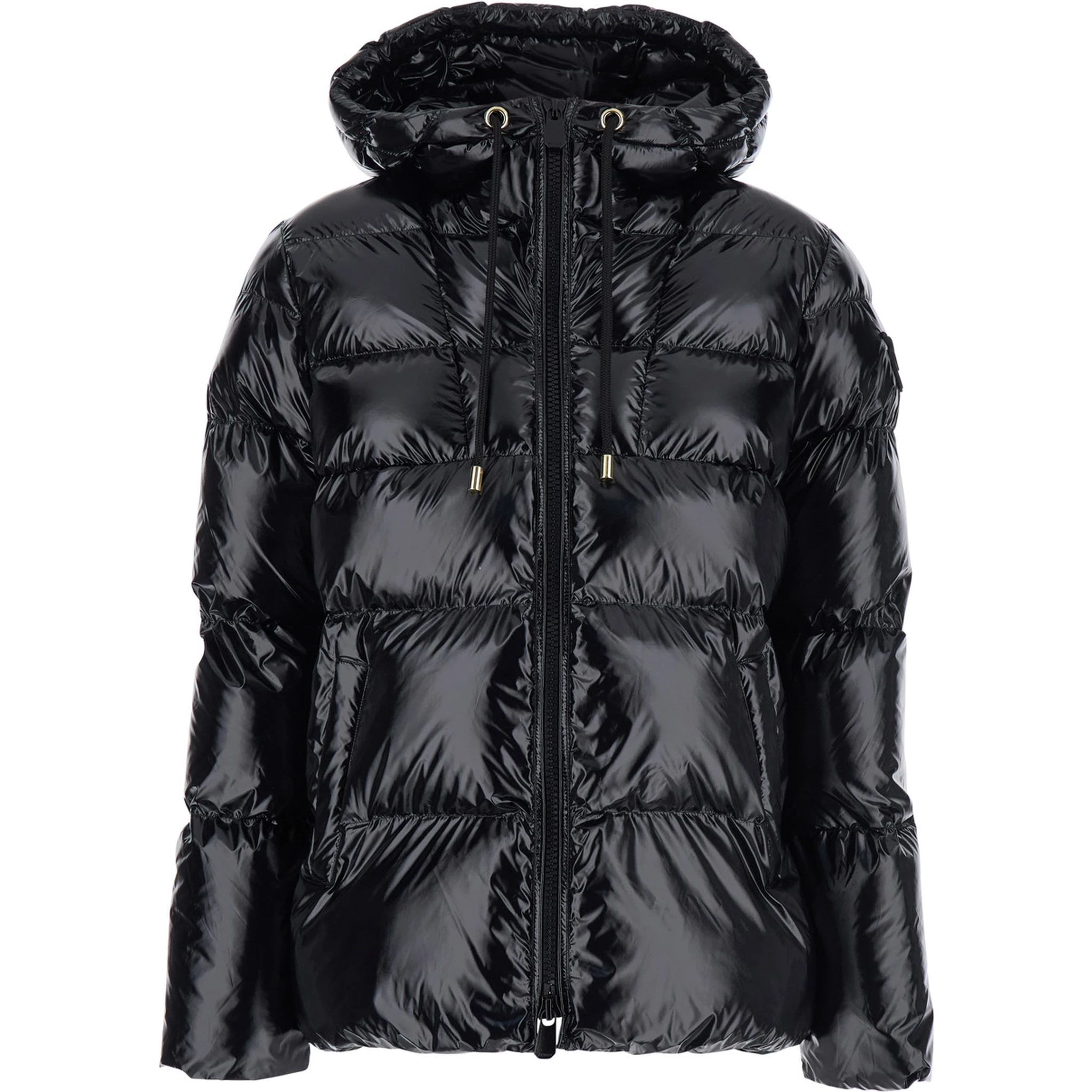 Eleodoro Black Down Jacket with Drawstring Hood and Love Birds Diamond Cut Patch on the Fornt in Tech Fabric Woman