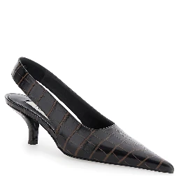 Brown Slingback Pumps with Kitten Heel and Crocodile Effect Print in Leather Woman