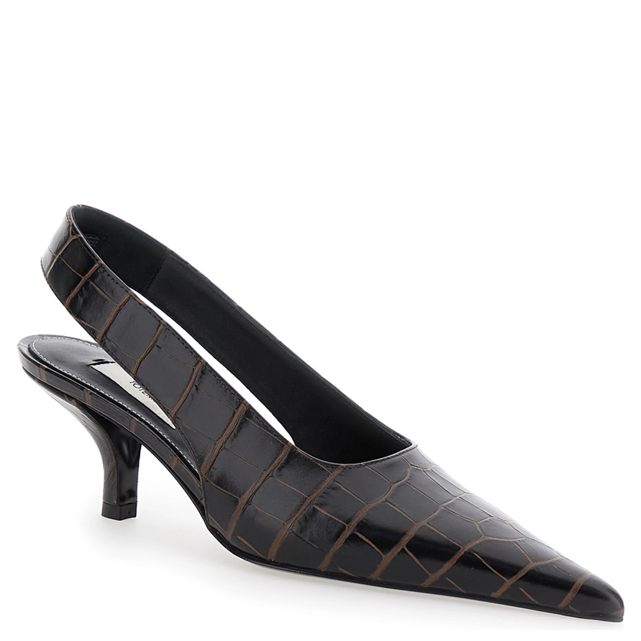 Brown Slingback Pumps with Kitten Heel and Crocodile Effect Print in Leather Woman