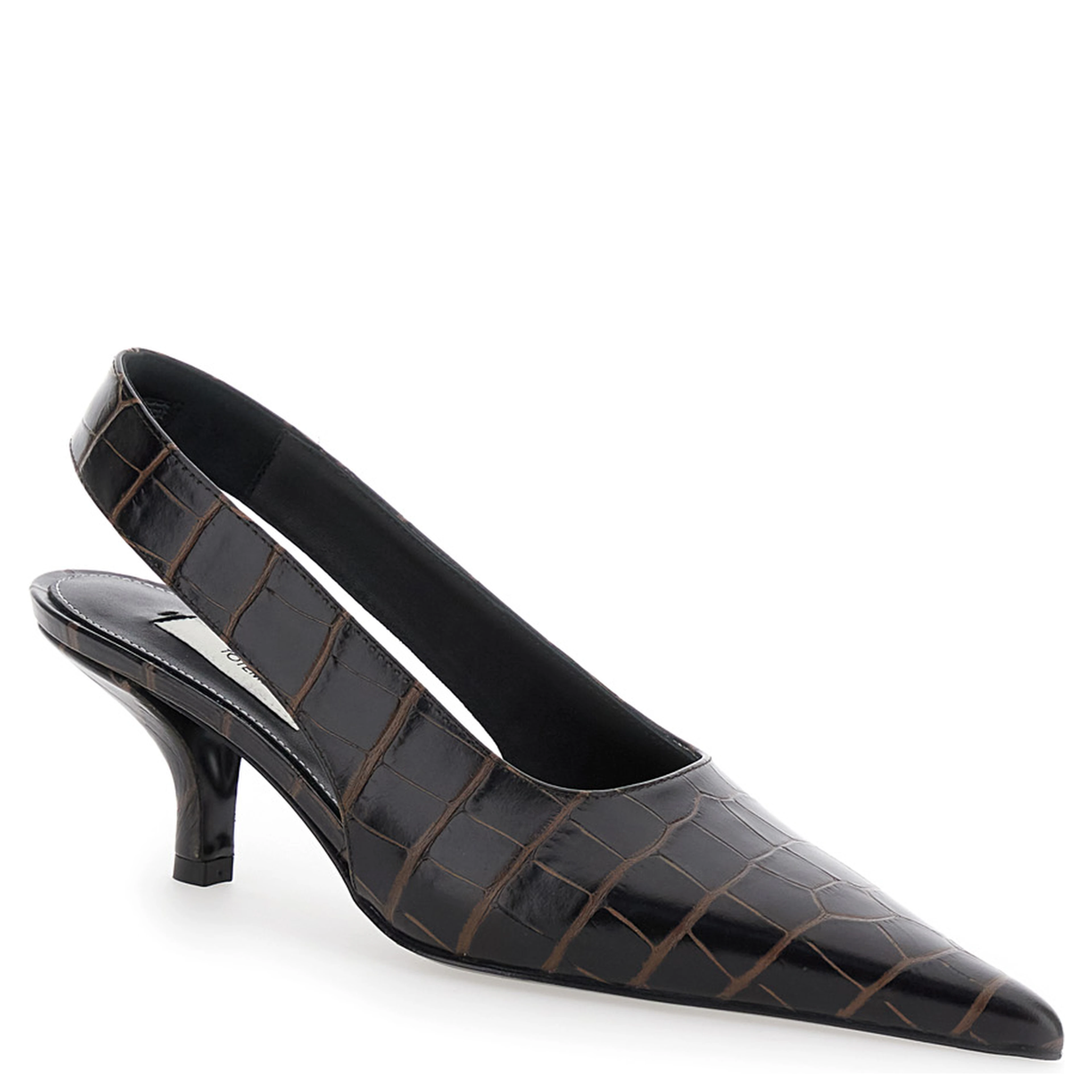 Brown Slingback Pumps with Kitten Heel and Crocodile Effect Print in Leather Woman