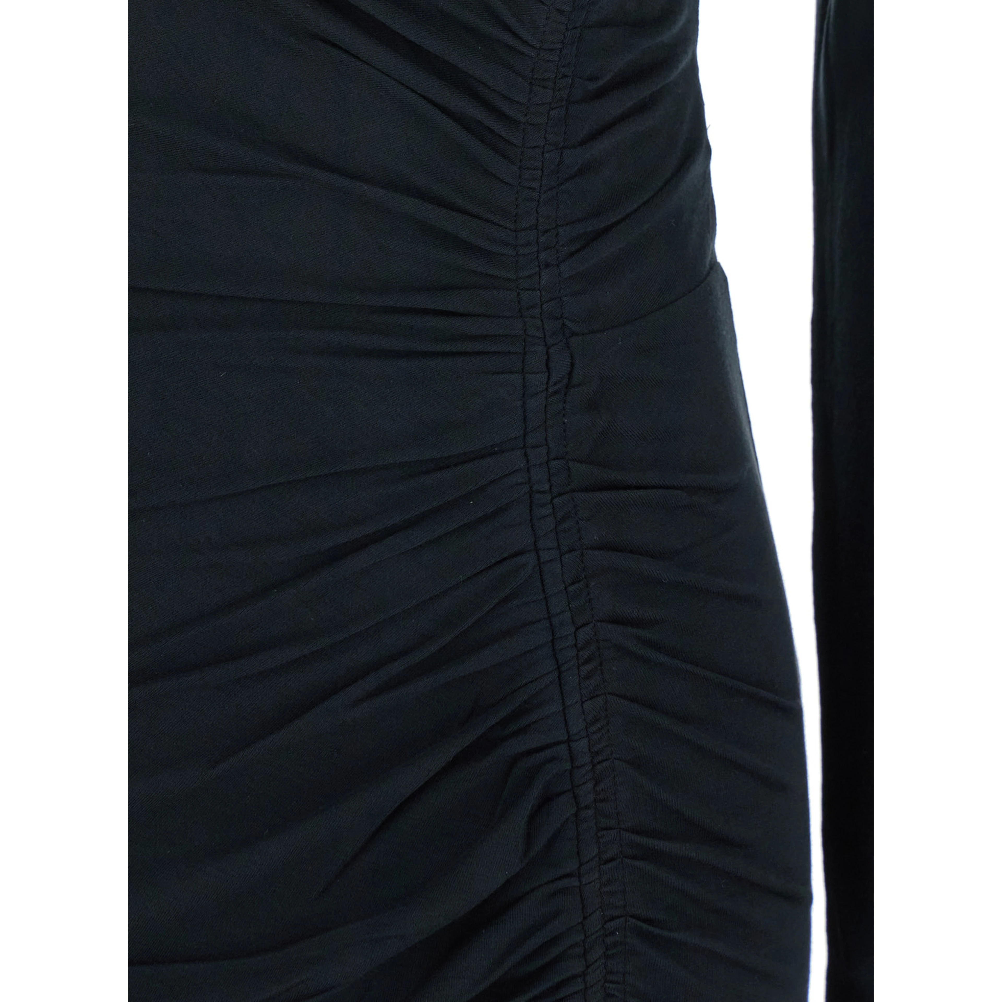 Jelina Black Midi Dress with Round Neck and Ruched Details in Modal Stretch Woman
