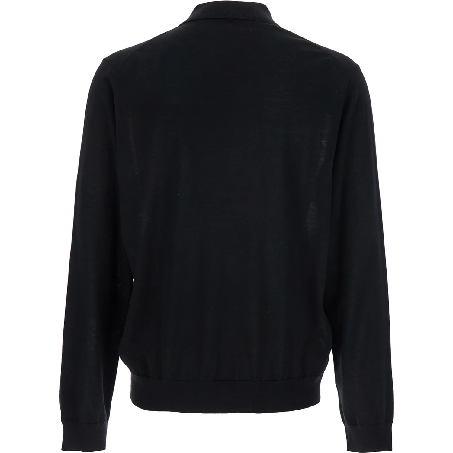 Black Polo Shirt with Classic Collar and Ribbed Trims in Wool Man
