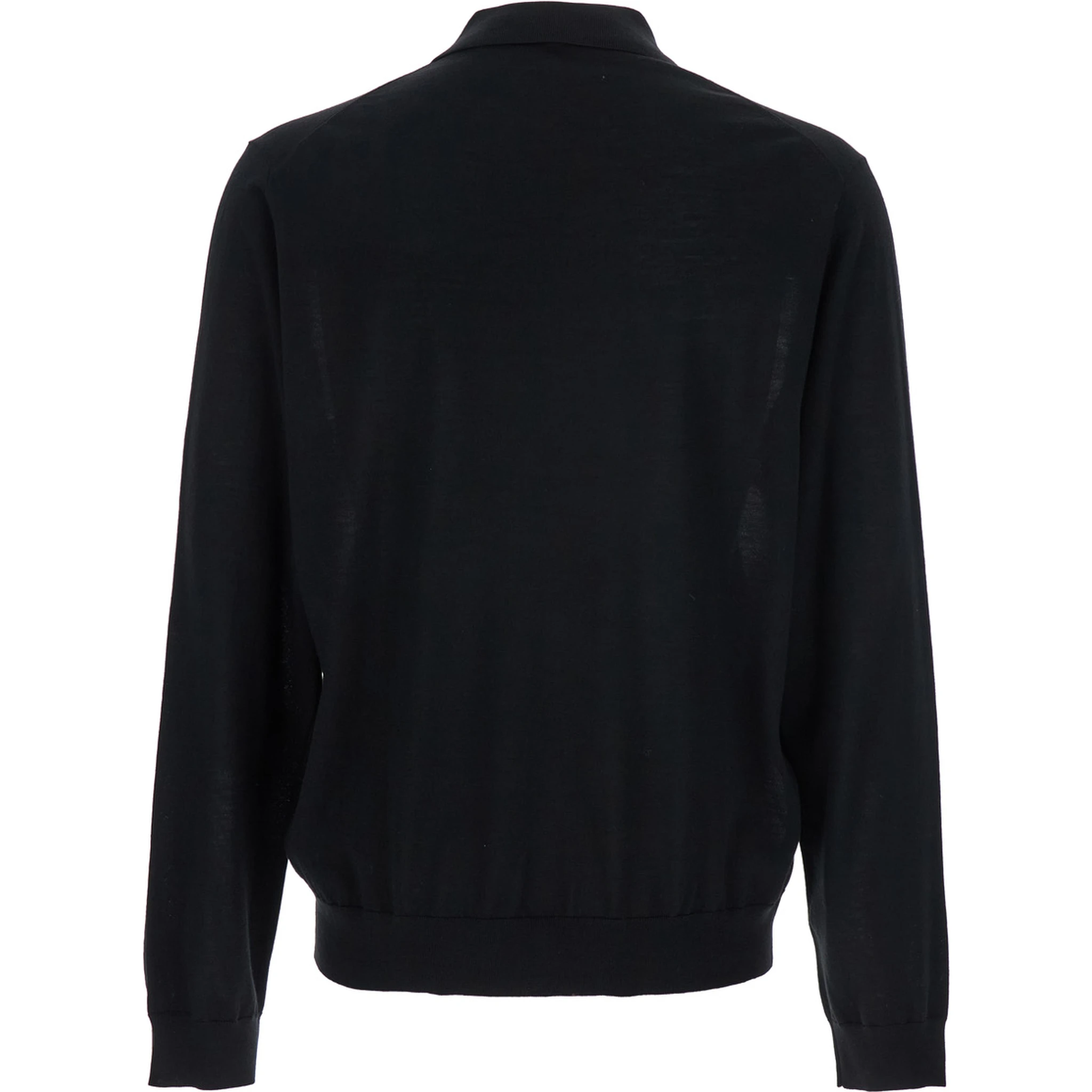 Black Polo Shirt with Classic Collar and Ribbed Trims in Wool Man