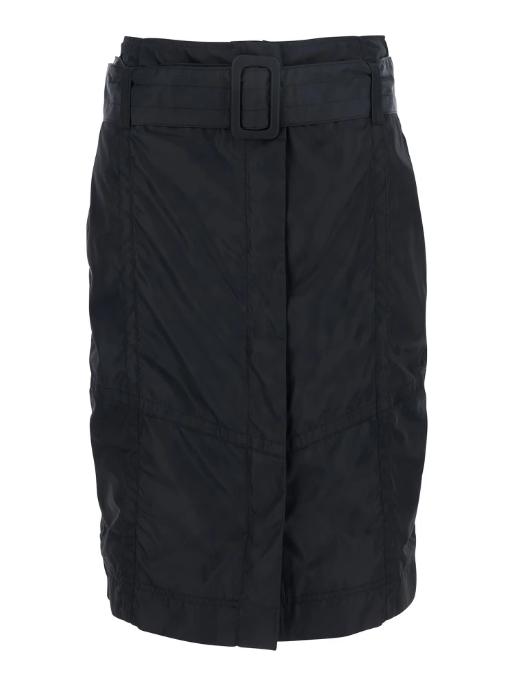 Black Pencil Skirt with Adjustable Belt with Buckle and Geometric Stitching in Tech Fabric Woman