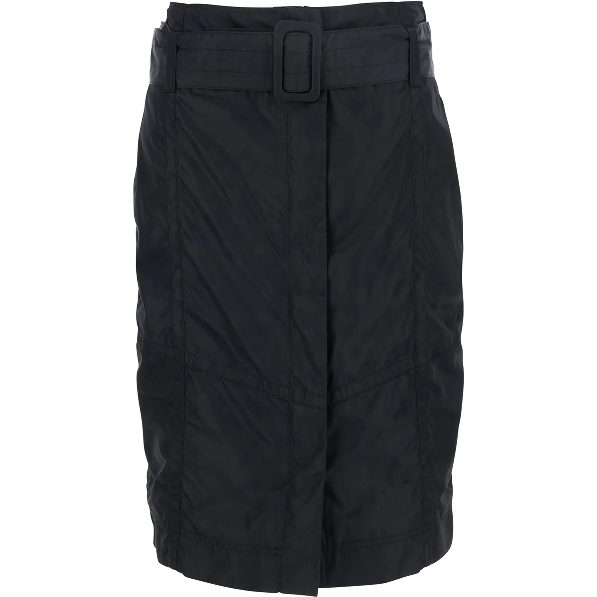 Black Pencil Skirt with Adjustable Belt with Buckle and Geometric Stitching in Tech Fabric Woman