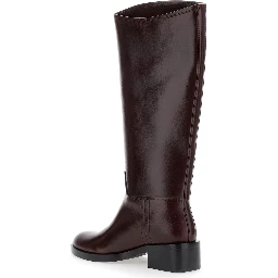 Brown Knee High Boots with Block Heel in Leather Woman
