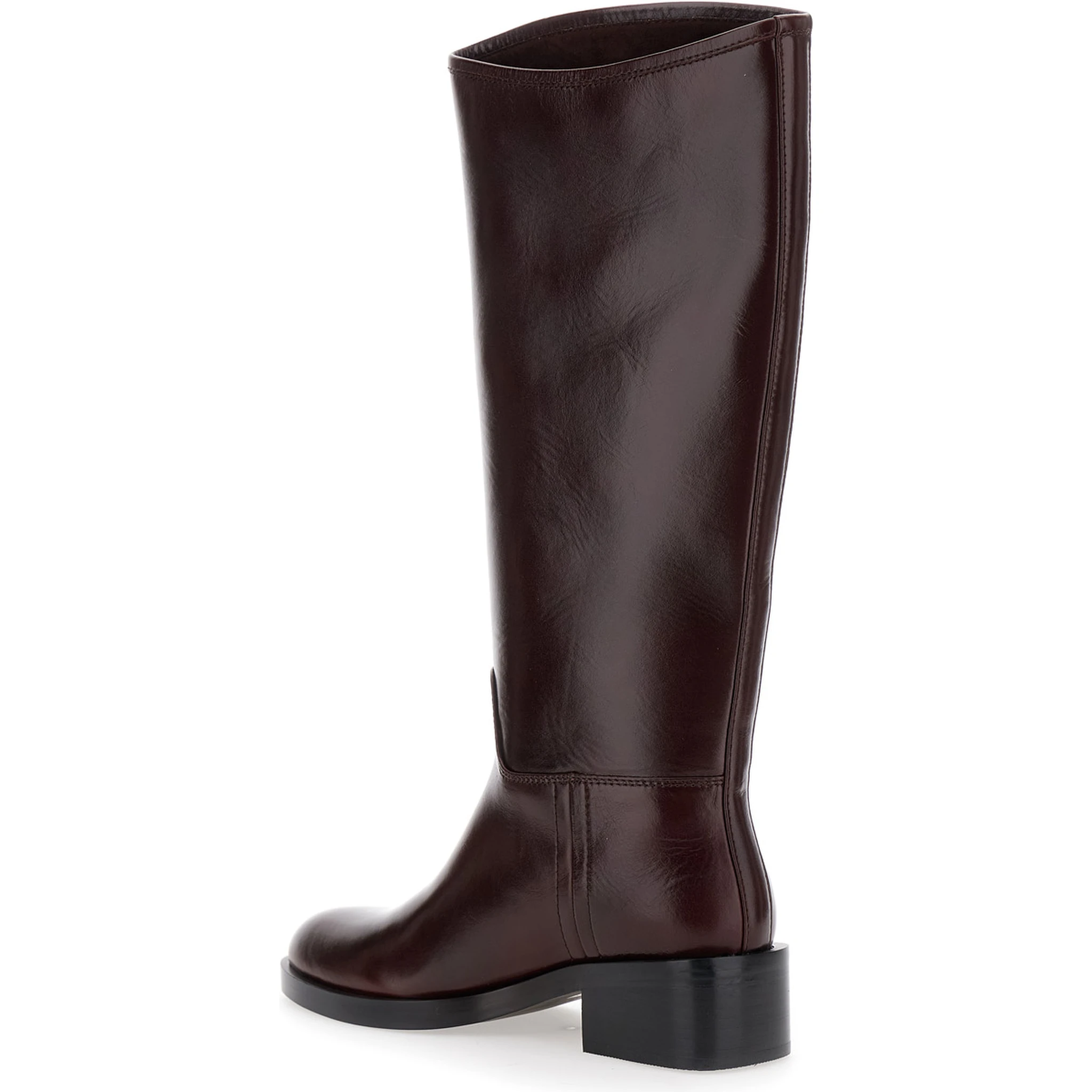 Brown Knee High Boots with Block Heel in Leather Woman