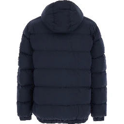 Blue Hooded Down Jacket with Logo Patch in Nylon Man