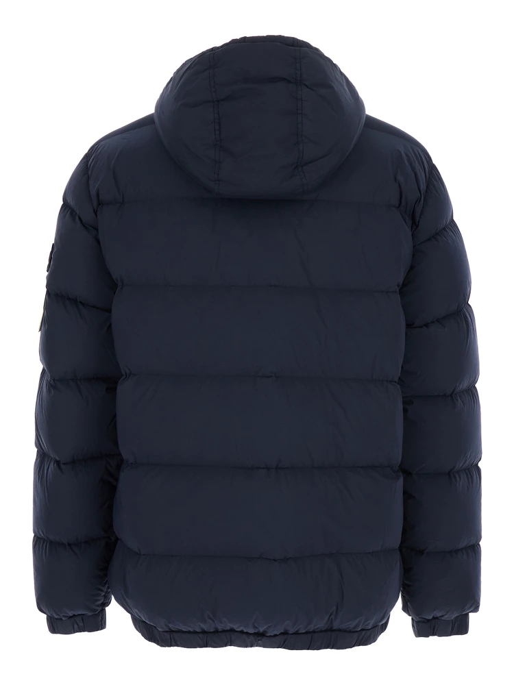 Blue Hooded Down Jacket with Logo Patch in Nylon Man alternative
