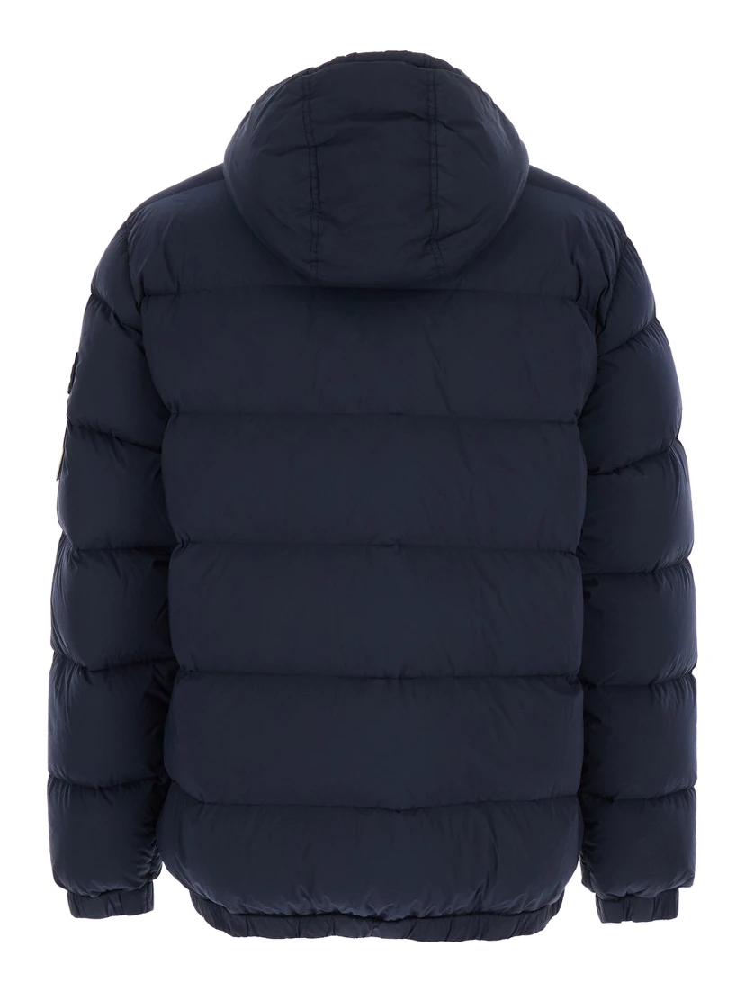 Blue Hooded Down Jacket with Logo Patch in Nylon Man