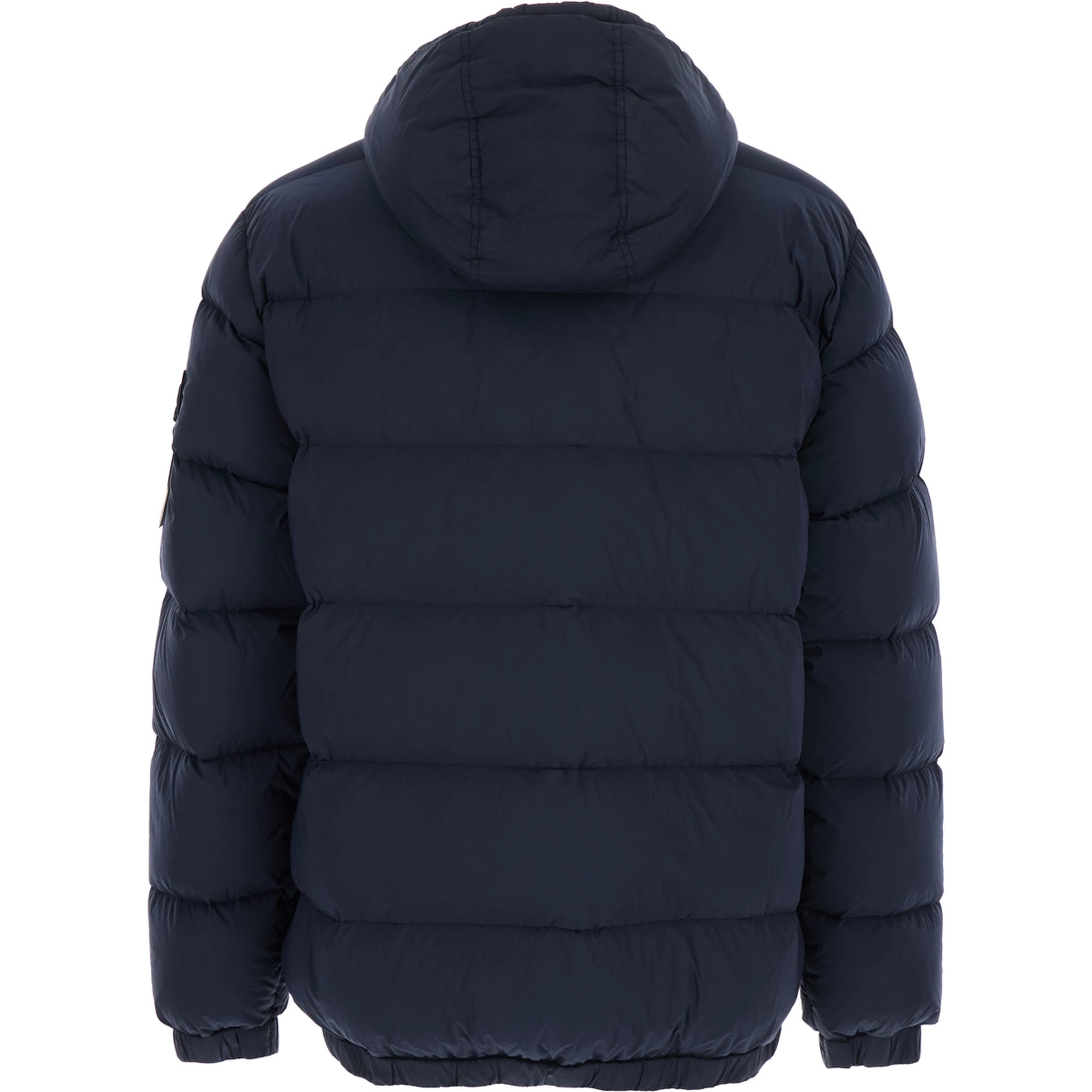 Blue Hooded Down Jacket with Logo Patch in Nylon Man
