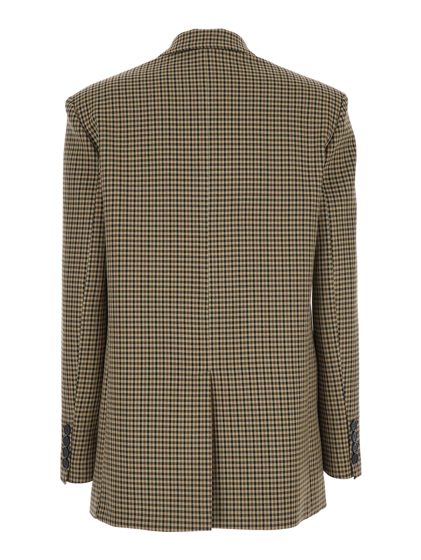 Brown Single-Breasted Jacket with All-Over Check Motif in Wool Woman