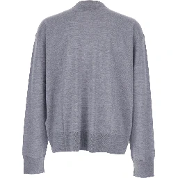 Grey Crew Neck Sweater with Embroidered Logo on the Front in Wool Man