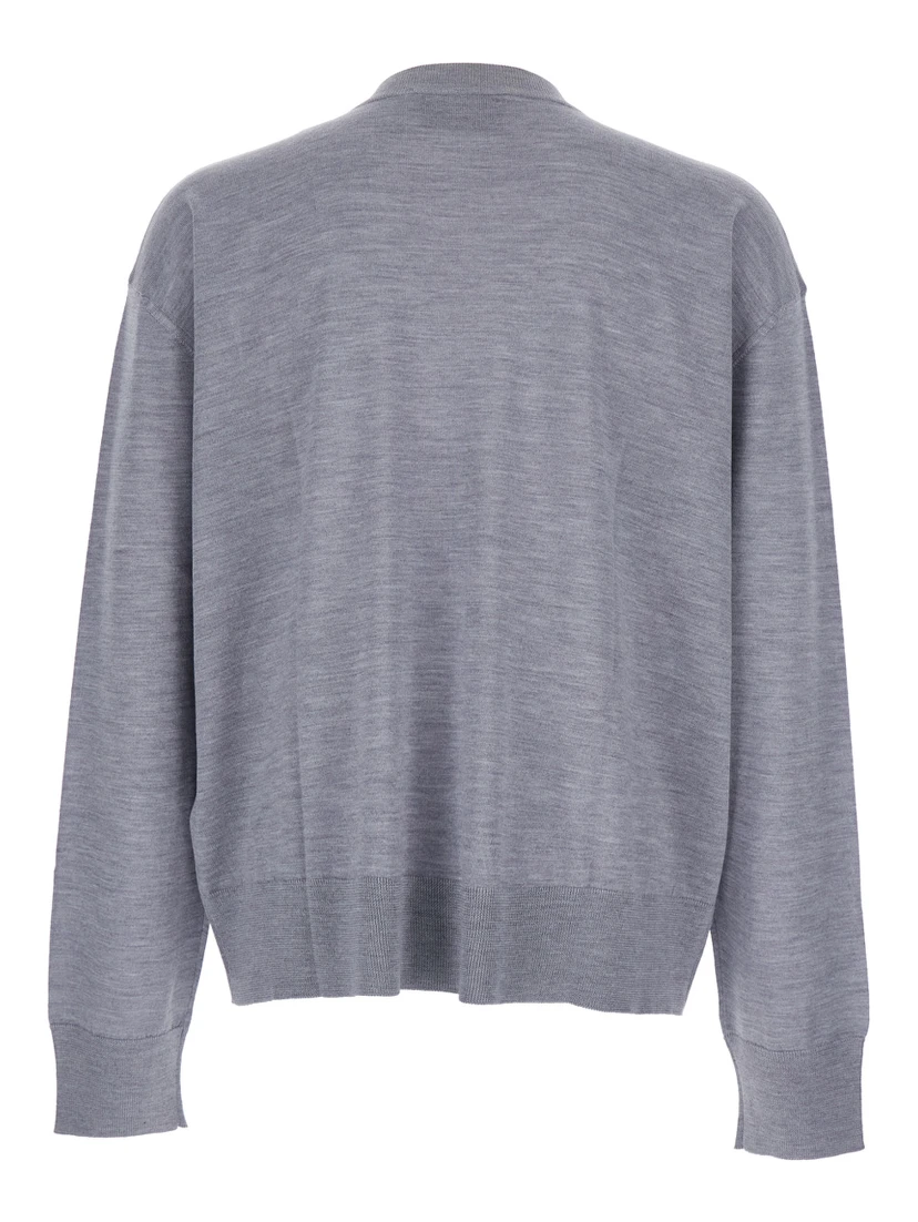 Grey Crew Neck Sweater with Embroidered Logo on the Front in Wool Man