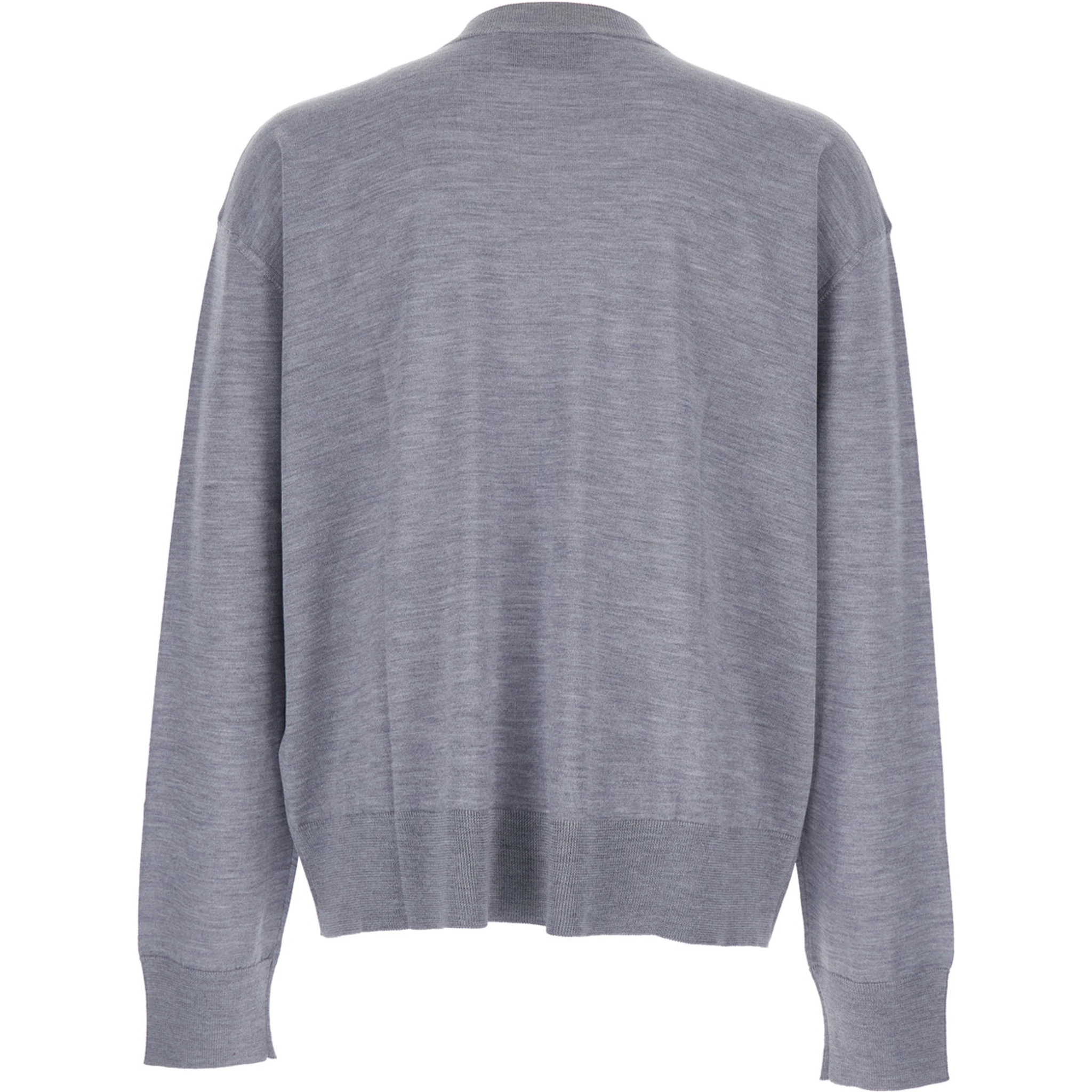 Grey Crew Neck Sweater with Embroidered Logo on the Front in Wool Man