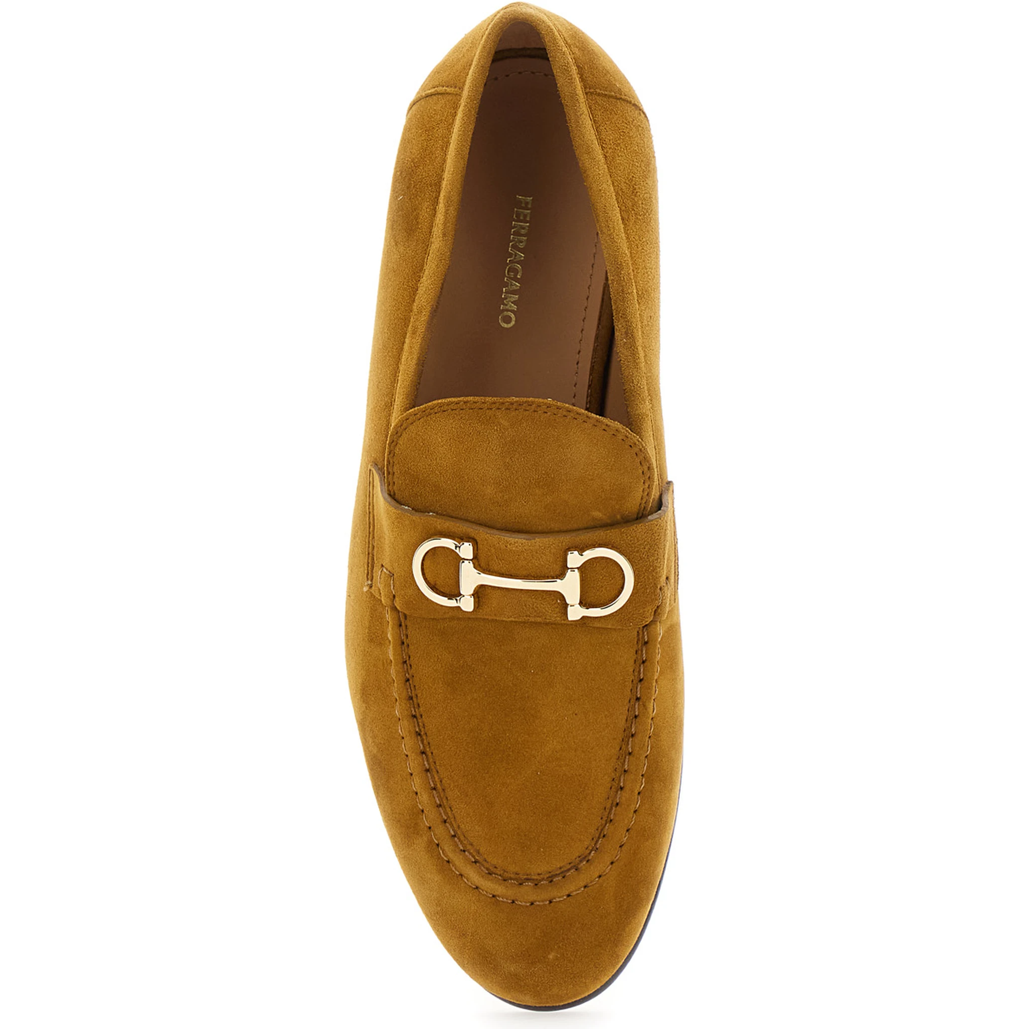 Brown Loafers with Almond Toe and Gancini Detail on the Front in Suede Woman
