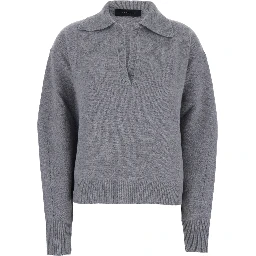 Grey Polo Shirt with Wide Collar and Dropped Shoulders in Wool and Cashmere Blend Woman