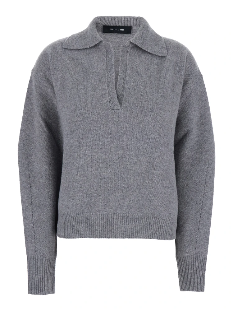 Grey Polo Shirt with Wide Collar and Dropped Shoulders in Wool and Cashmere Blend Woman