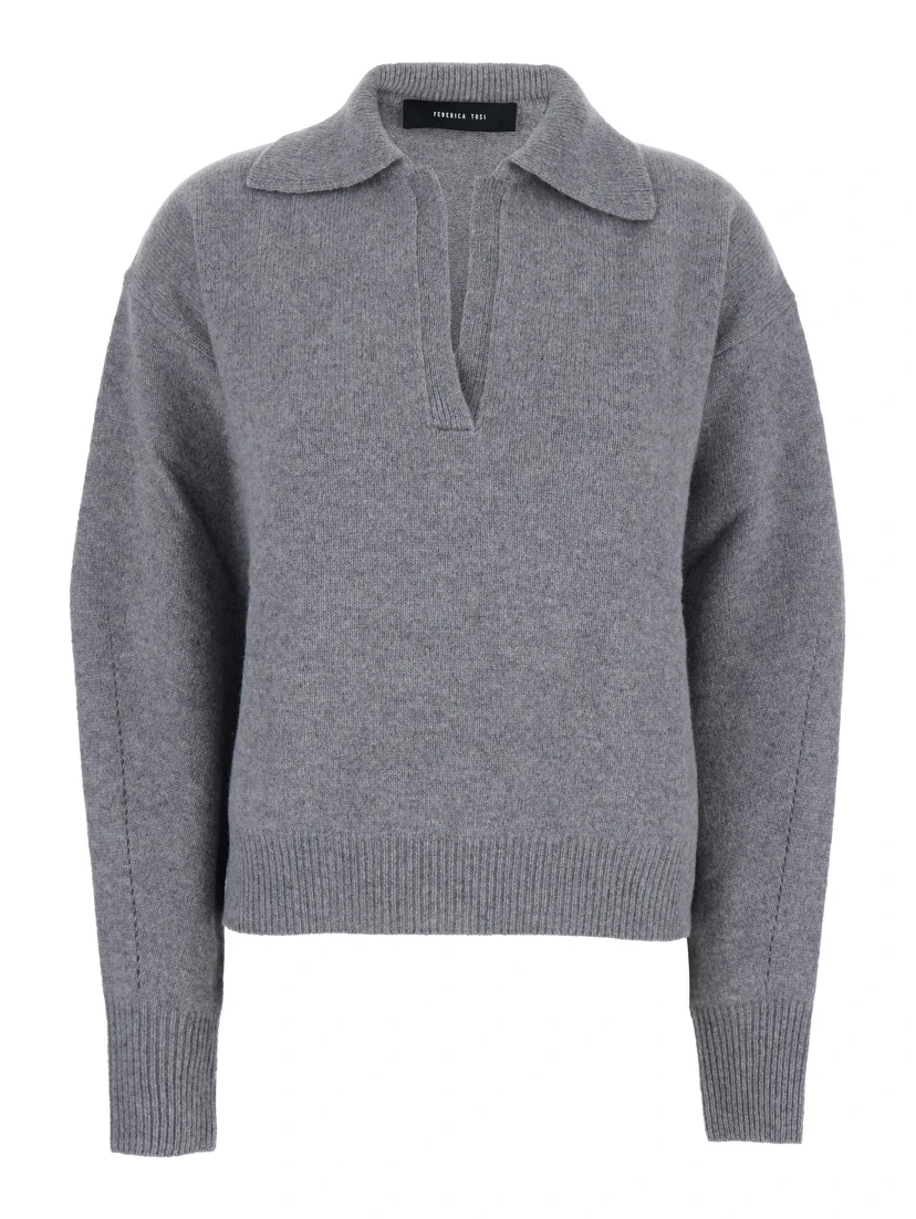 Grey Polo Shirt with Wide Collar and Dropped Shoulders in Wool and Cashmere Blend Woman