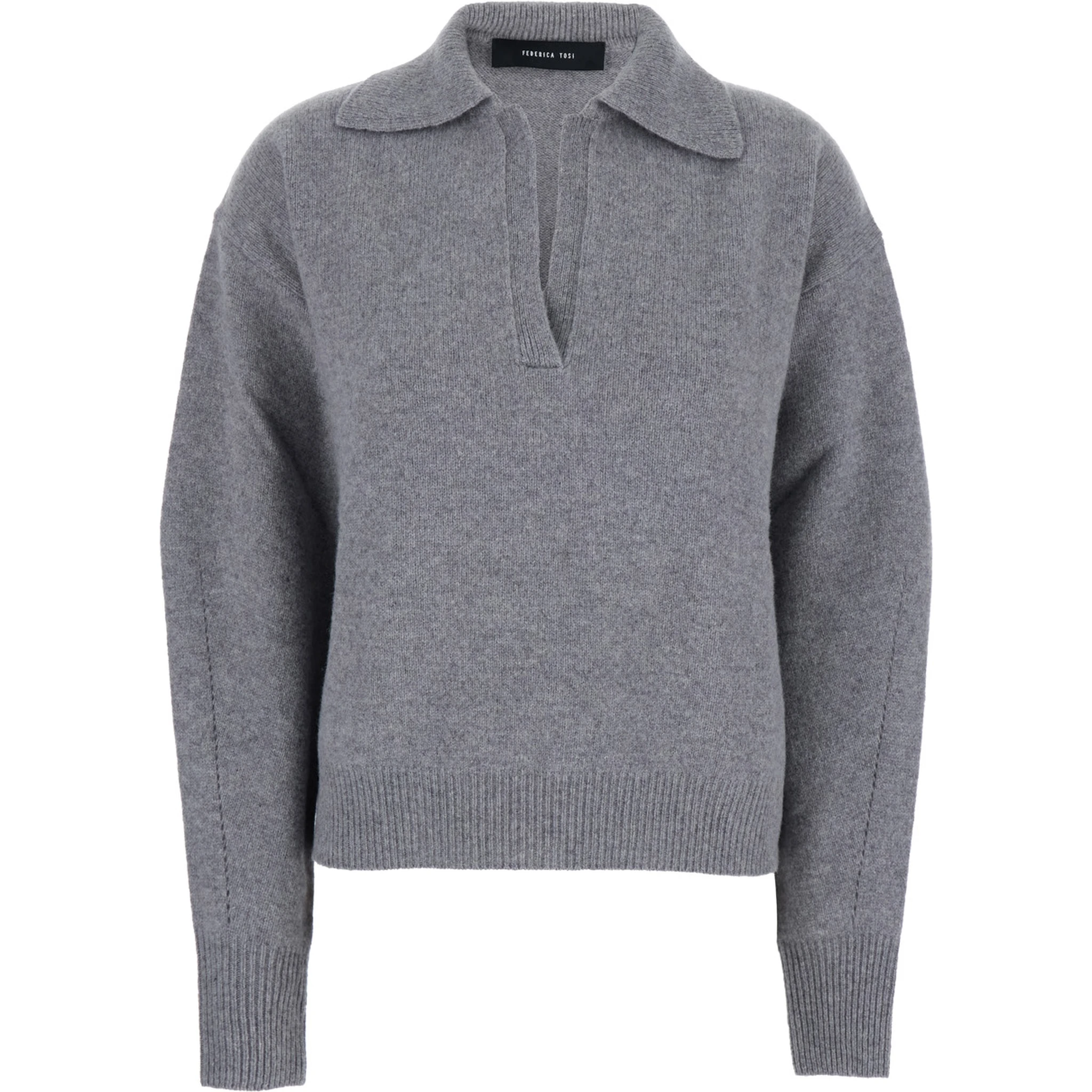 Grey Polo Shirt with Wide Collar and Dropped Shoulders in Wool and Cashmere Blend Woman
