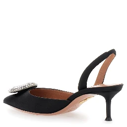 Crystal Hoop Black Slingback Pumps with Rhinestoned Embellishment and Kitten Heel in Tech Fabric Woman