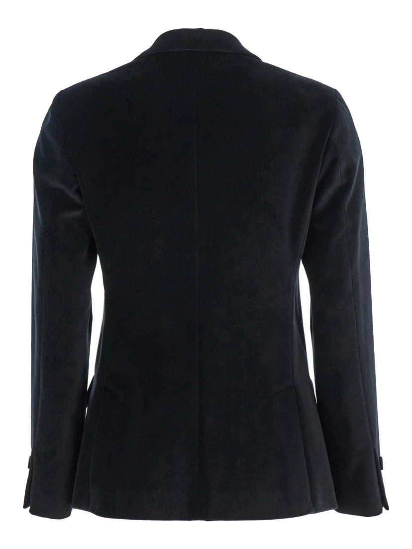 Black Double-Breasted Jacket with Peak Revers in Velvet Woman
