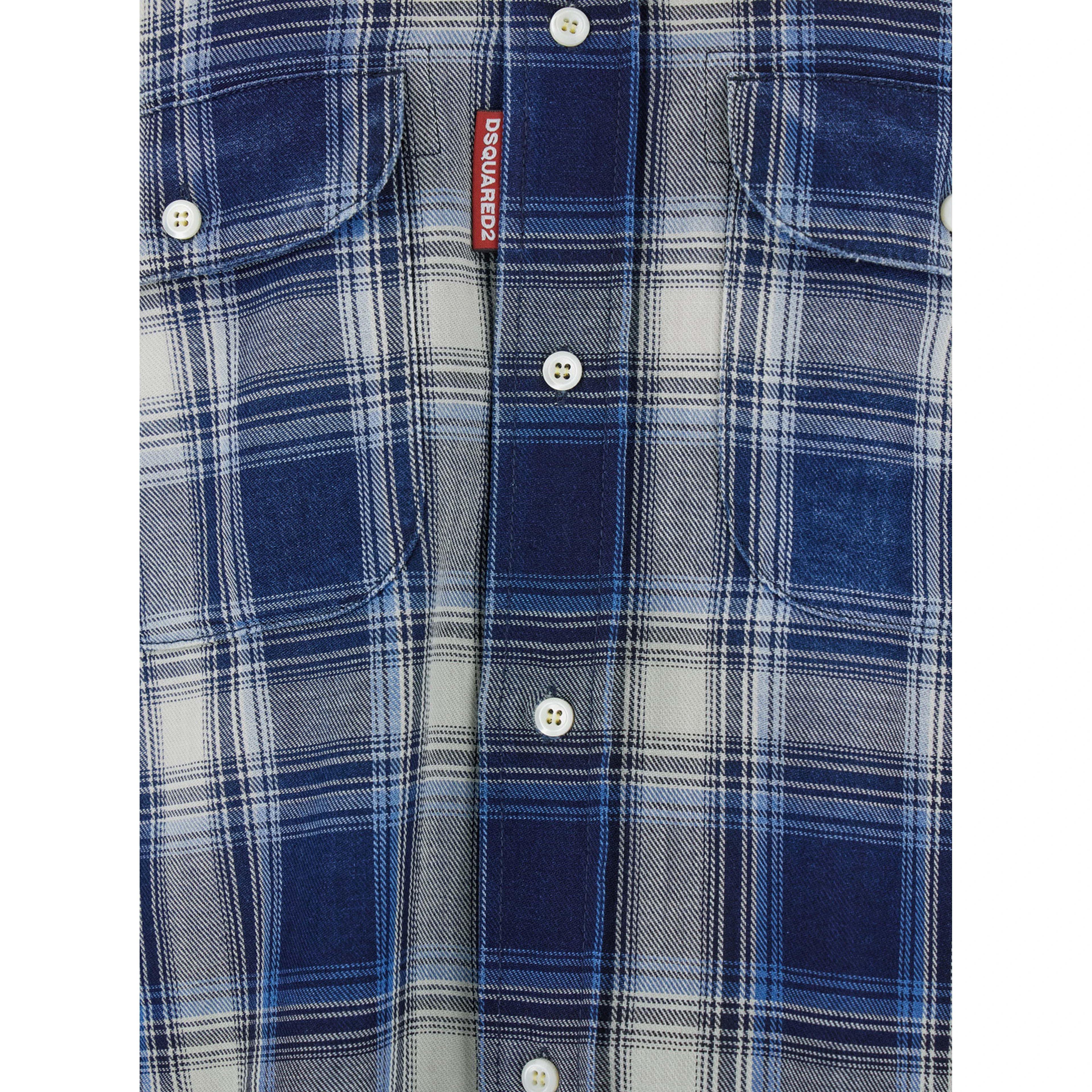 Blue Shirt with Classic Collar and All-Over Check Motif in Cotton Man