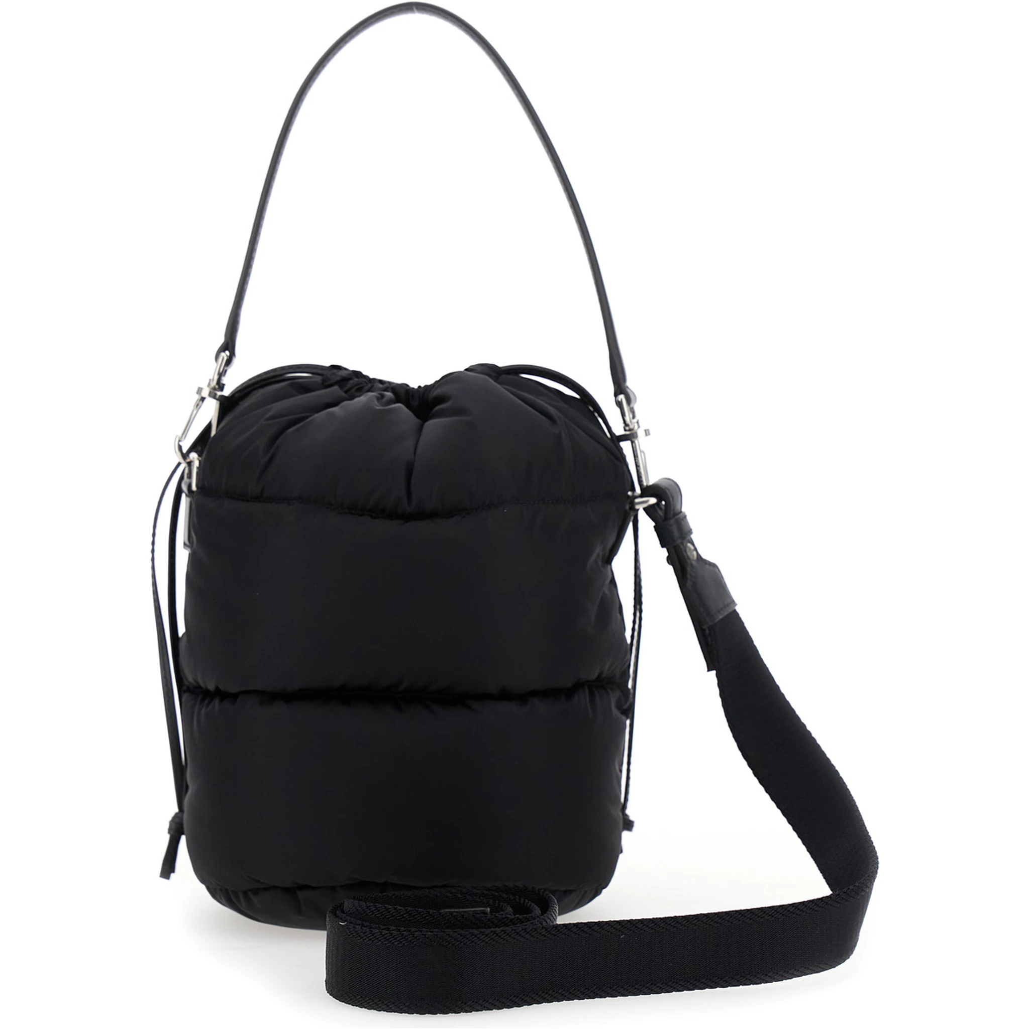 حقيبة يد كارادوك سوداء برباط وشعار مطبوع على الجهة الأمامية، مصنوعة من قماش تقني، للنساء