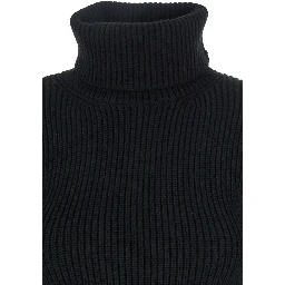 Black High Neck Jumper with Ribbed Design in Wool Woman