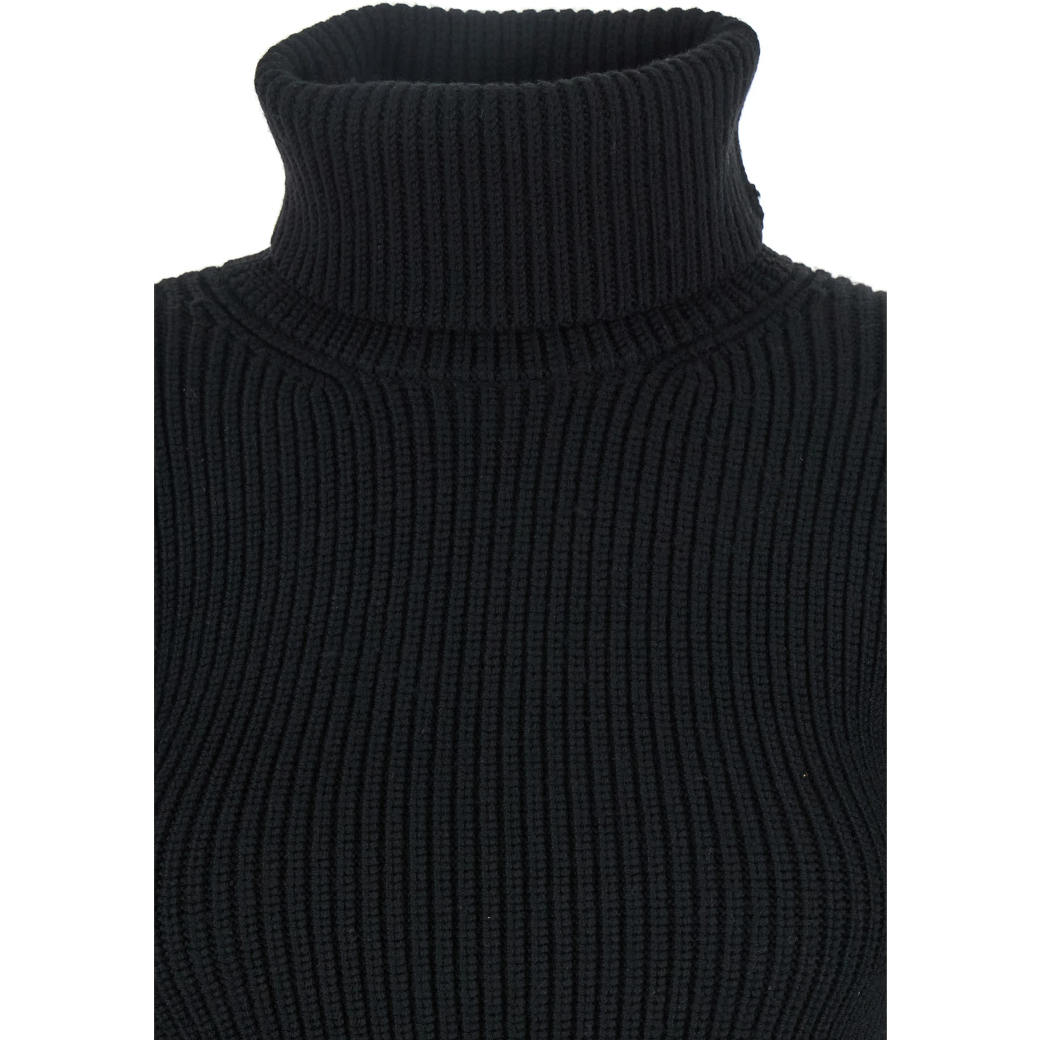 Black High Neck Jumper with Ribbed Design in Wool Woman