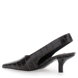 Brown Slingback Pumps with Kitten Heel and Crocodile Effect Print in Leather Woman