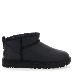 Classic Ultra Mini Black Ankle Boots with Shearling Lining in Leather Woman