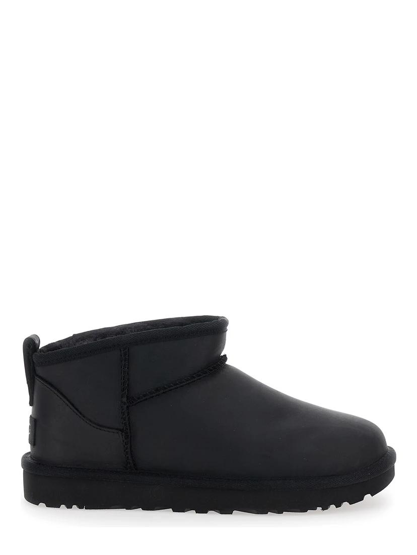 Classic Ultra Mini Black Ankle Boots with Shearling Lining in Leather Woman