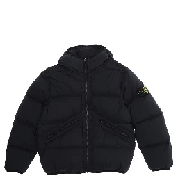 Black Down Jacket with Fixed Hood and Logo Patch on the Sleeve in Tech Fabric Boy