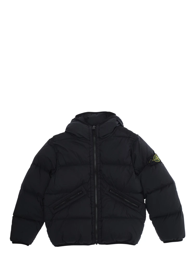 Black Down Jacket with Fixed Hood and Logo Patch on the Sleeve in Tech Fabric Boy