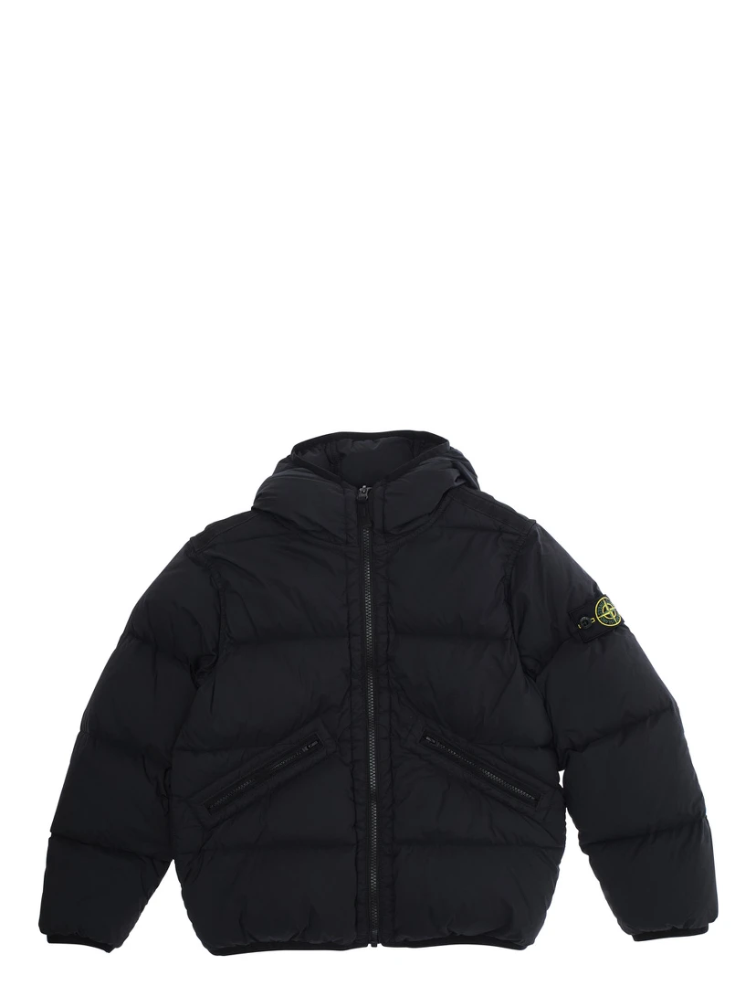 Black Down Jacket with Fixed Hood and Logo Patch on the Sleeve in Tech Fabric Boy