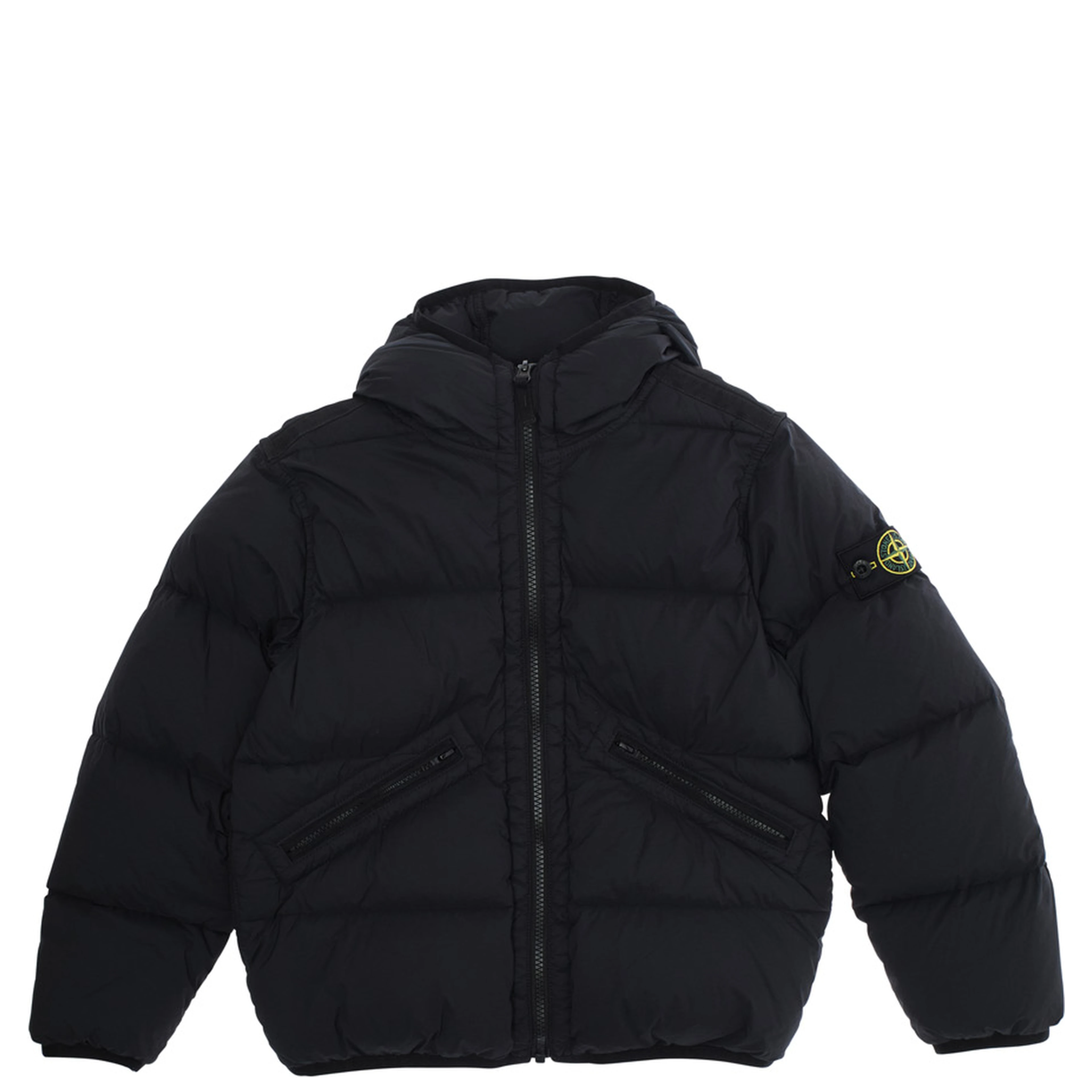 Black Down Jacket with Fixed Hood and Logo Patch on the Sleeve in Tech Fabric Boy