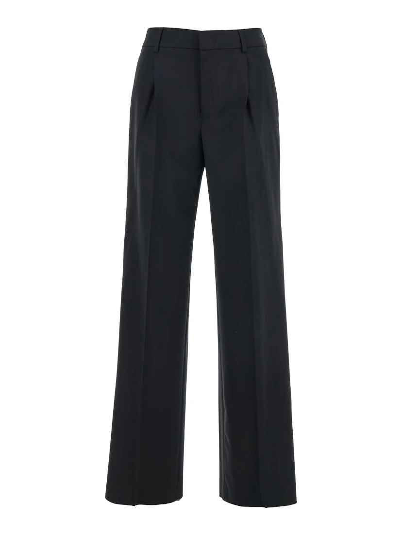 Lola Black Pants with High Waist and Pleated Details in Wool Stretch Woman