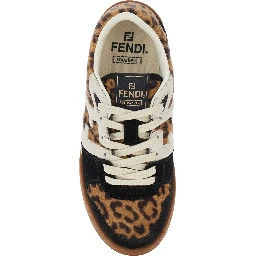 Fendi Match Brown Low Top Sneakers with FF Application and Leopard Motif in Mixed Leather Woman