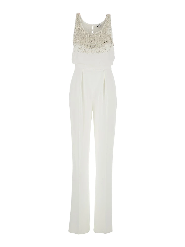 White Jumpsuit with Front Neckline and Rhinestone Application in Fabric Woman