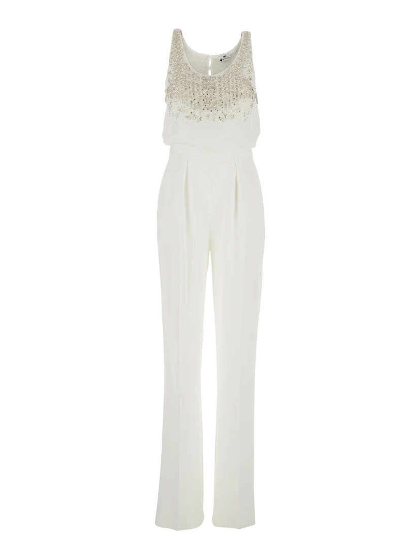 White Jumpsuit with Front Neckline and Rhinestone Application in Fabric Woman